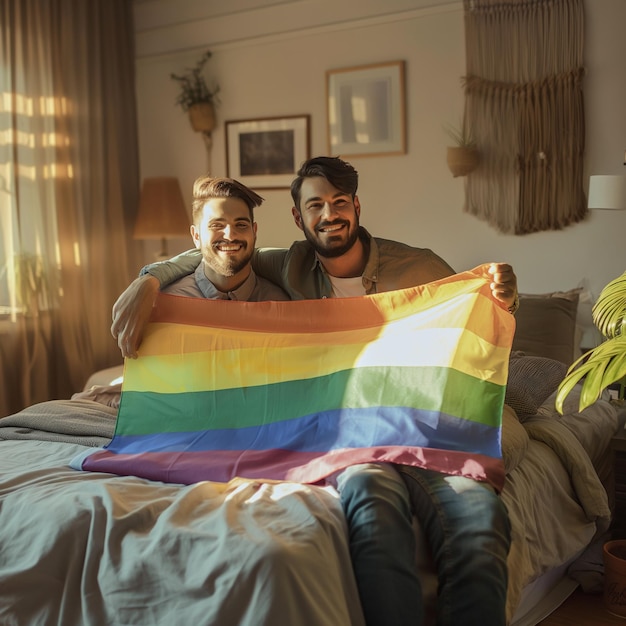 two men holding a rainbow flag on a bed