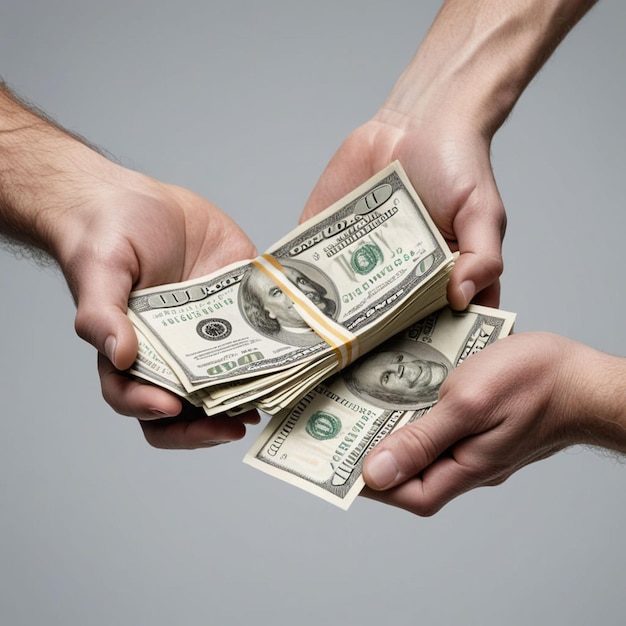 two men holding a stack of dollar bills with a dollar bill in the background