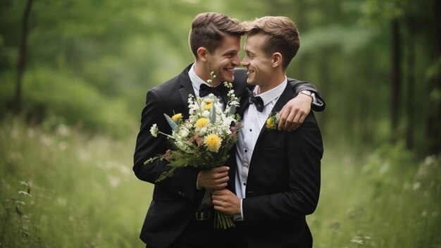 Photo two men hugging in a field of flowers one of which has the word  on it