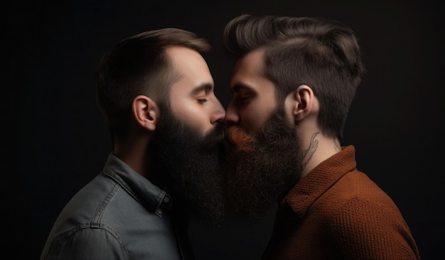 Two men kiss in front of a black background