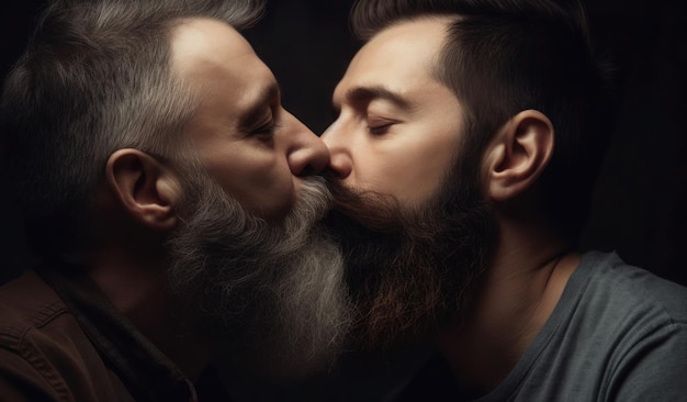 Two men kissing on a dark background