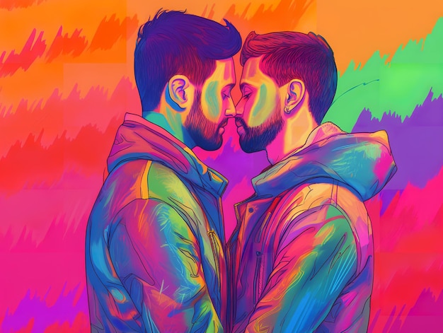 Two men kissing each other with a splash of the rainbow colors celebrating the LGBT pride day