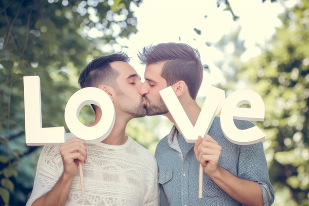 Two Men Kissing Each Other With the Word Love Spelled in Front of Them