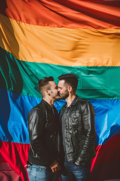 Photo two men kissing in front of a rainbow flag