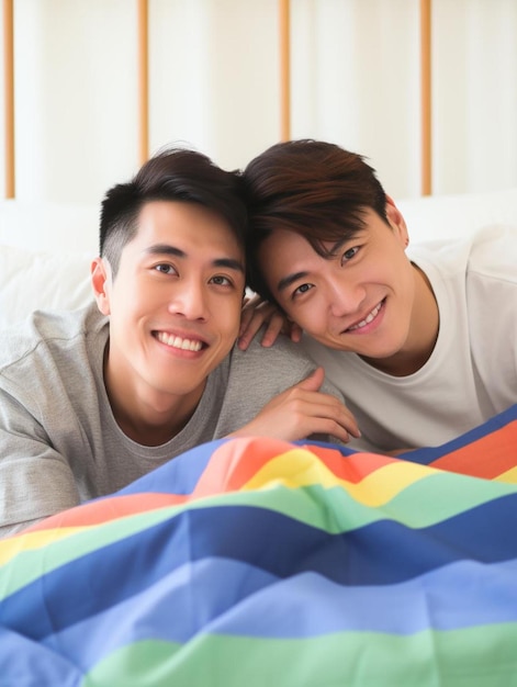 two men laying on a couch with a rainbow colored blanket