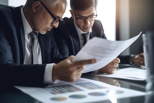 Two men looking at a chart and graphs on a desk