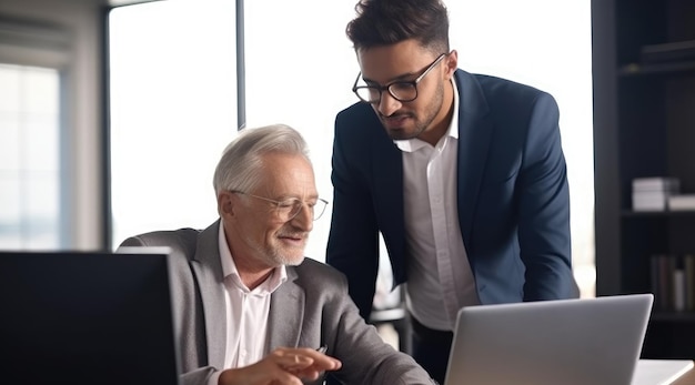 Two men looking at a laptop screen with one of them looking at the screen