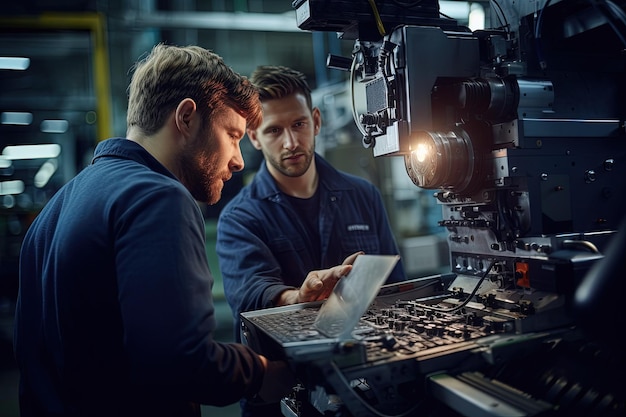 Two men looking at a piece of paper in front of a camera