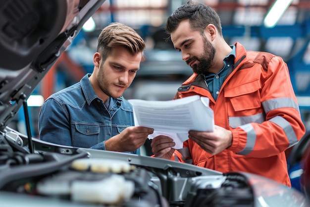 Photo two men looking at a piece of paper that says quot the word quot on it