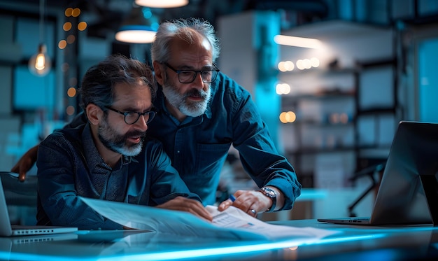 two men looking at a piece of paper with the word  the  on it