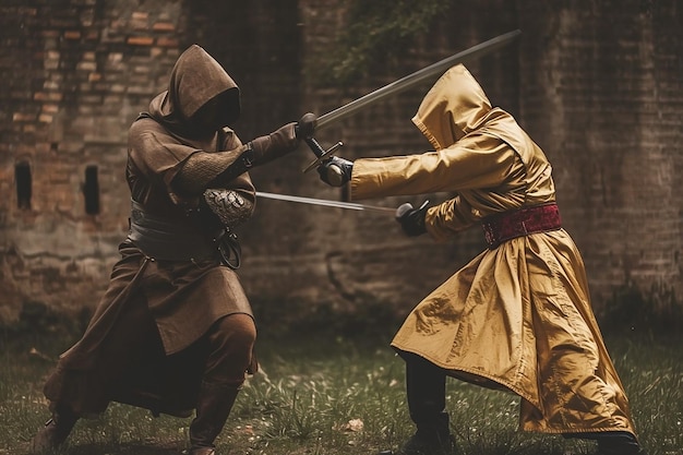 Photo two men in medieval clothing are fighting with swords in a field