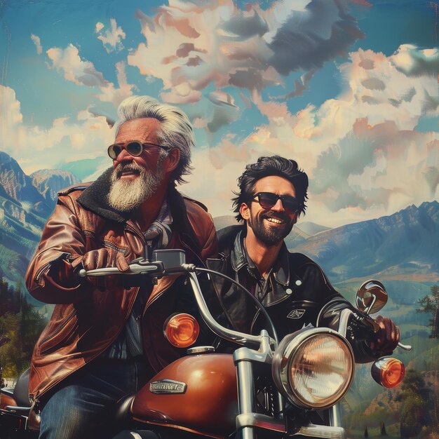 Photo two men on a motorcycle with a mountain in the background