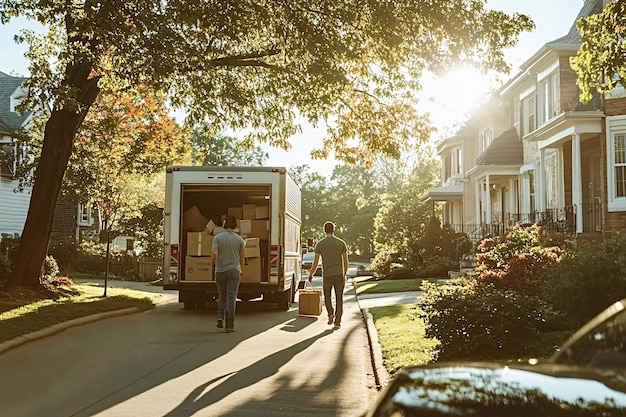 Two men moving boxes from truck on sunny day