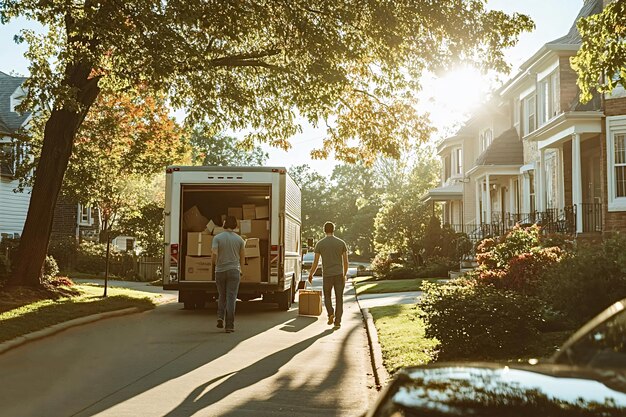 Photo two men moving boxes from truck on sunny day