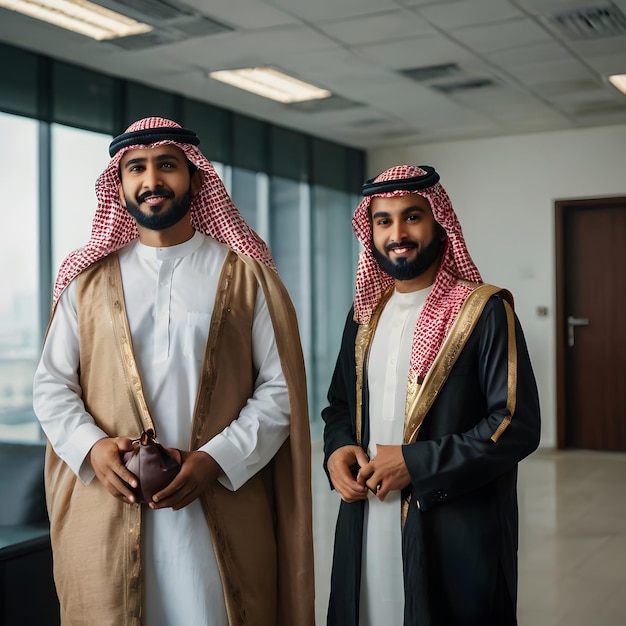 two men in an office with a large window behind them