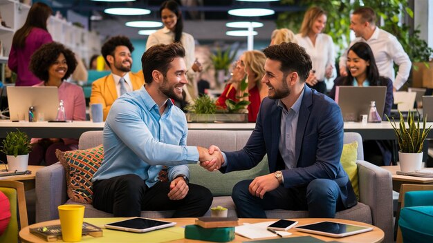 Photo two men one wearing a blue shirt are shaking hands with other people in the background