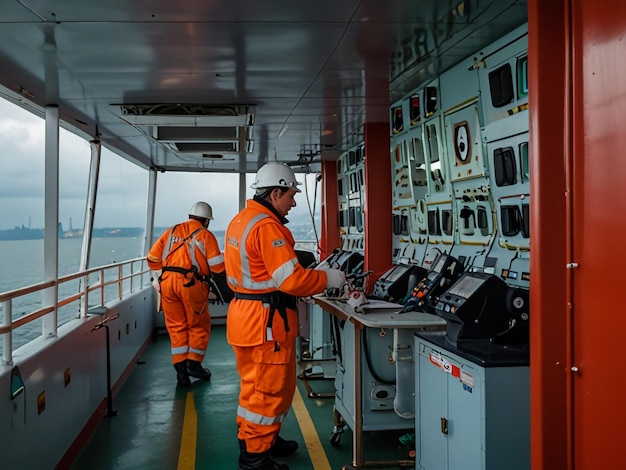 two men in orange suits are on a boat with the word quot air quot on the side