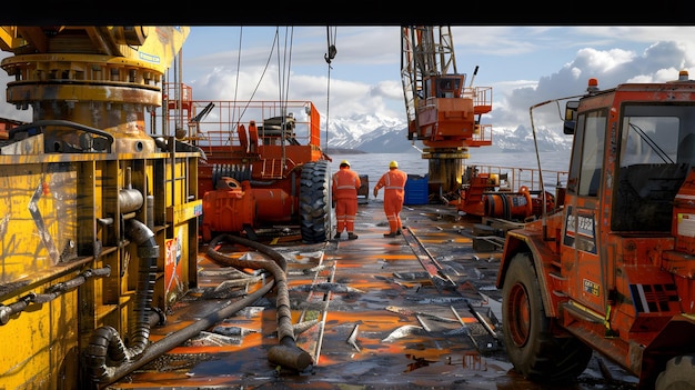 Photo two men in orange suits are on a ship with a large orange object in the background