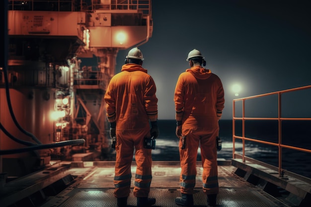 Two men in orange work clothes stand on a ship deck looking at the lights.