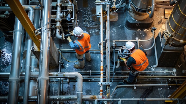 two men in orange work suits working on a factory