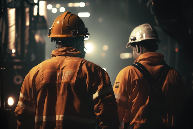 Two men in orange work uniforms stand in a dark tunnel, one of which says'trafalgar '