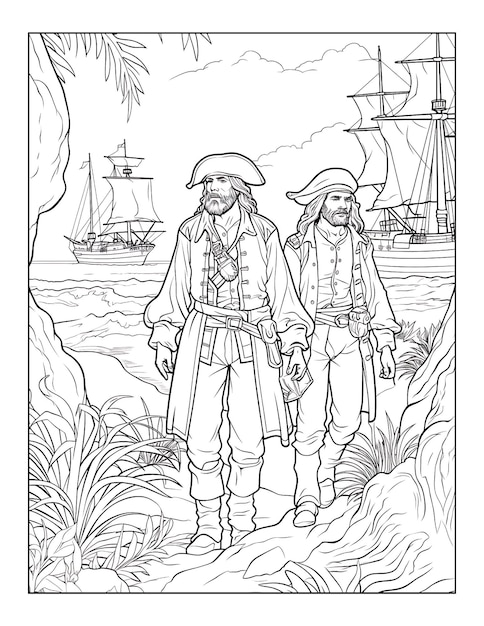 Photo two men in pirate uniforms stand on a beach with a ship in the background