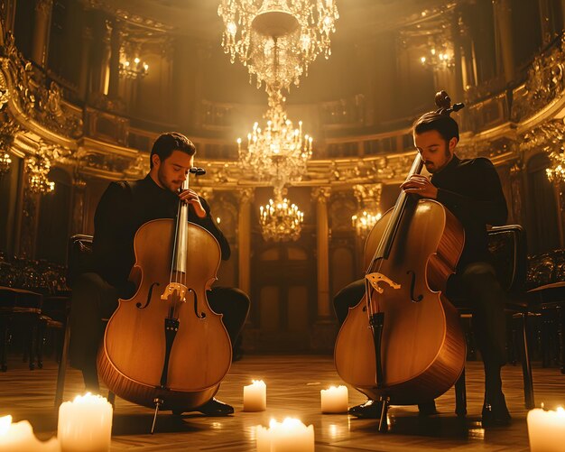 Photo two men playing cello in a dark room with candles and a chandelier behind them