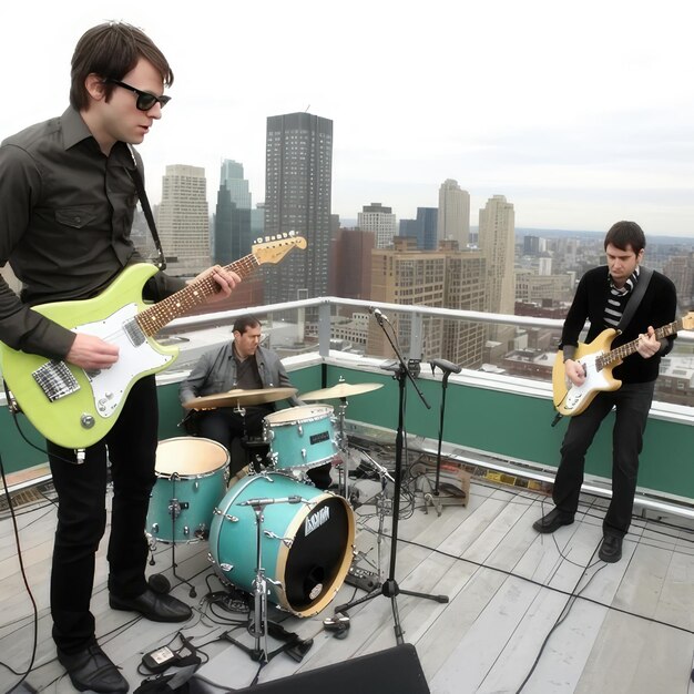 Photo two men playing drums on a rooftop with a city in the background