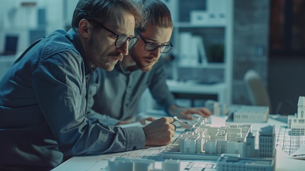 Photo two men playing a game of legos in a room with a white house in the background