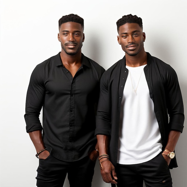 Photo two men pose for a photo one wearing a black shirt that says  the other