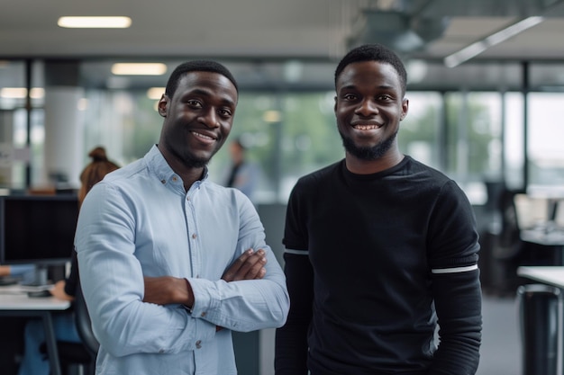 Photo two men pose for a photo with one wearing a black shirt that says  the other