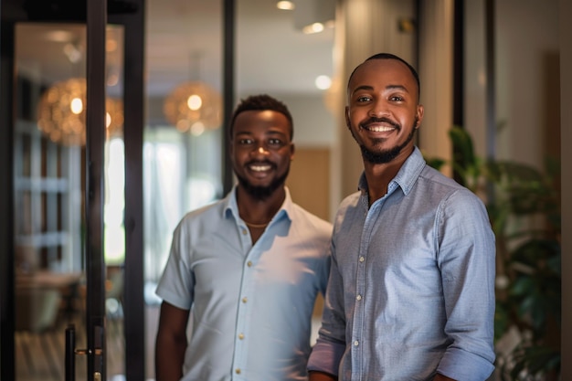 Photo two men pose for a photo with one wearing a shirt that says  the other