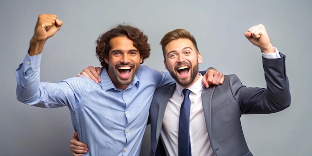 two men pose for a photo with one wearing a suit and the other has a smile on his face