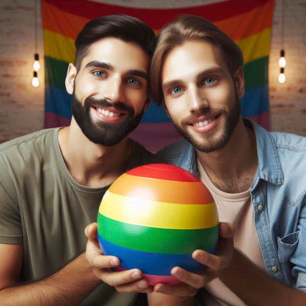 Photo two men pose for a photo with a rainbow colored ball