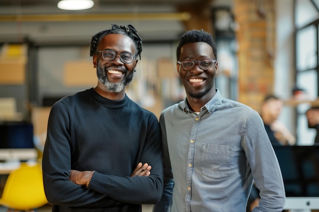 Photo two men pose for a picture with one wearing glasses