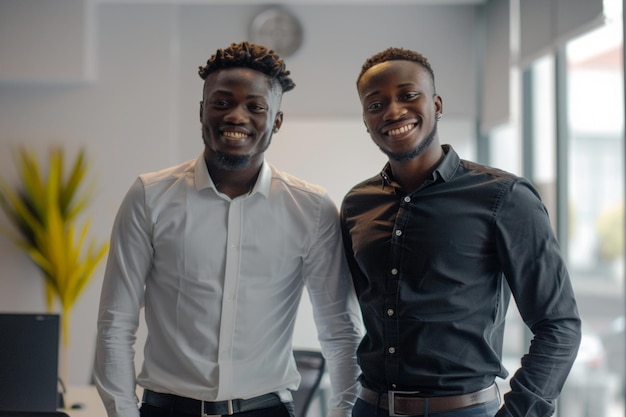 Photo two men posing for a photo with a clock on the wall behind them