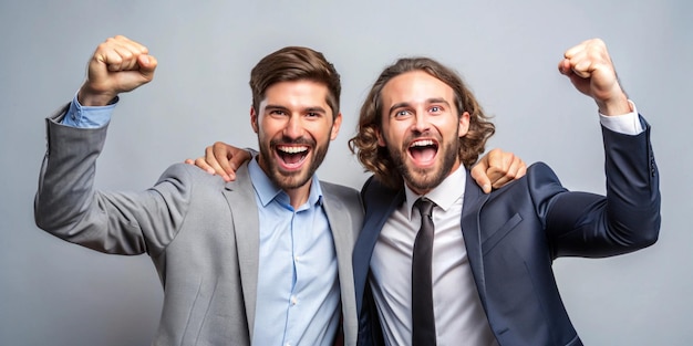 Photo two men posing for a photo with one wearing a gray suit and the other has a big smile