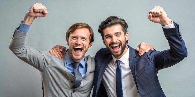 two men posing for a photo with the word quot on it