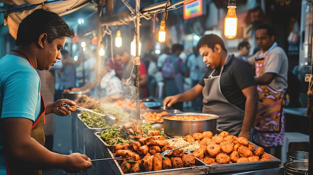 Two men prepare food at a busy street food stall