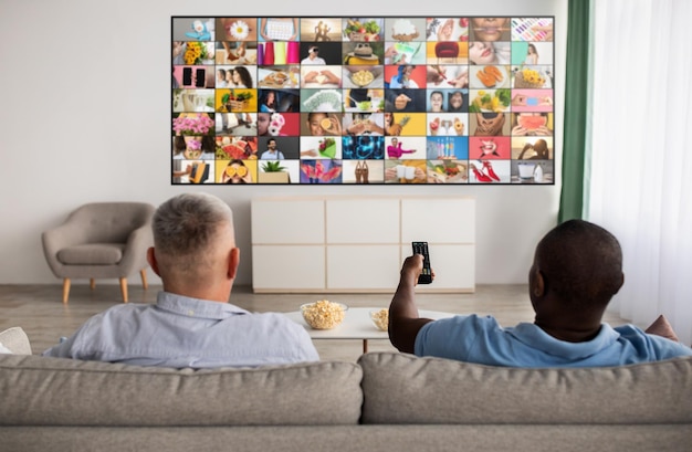 Photo two men relaxing on couch watching television with multiple images