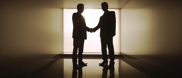 Two men shaking hands in a dark room with the sun behind them