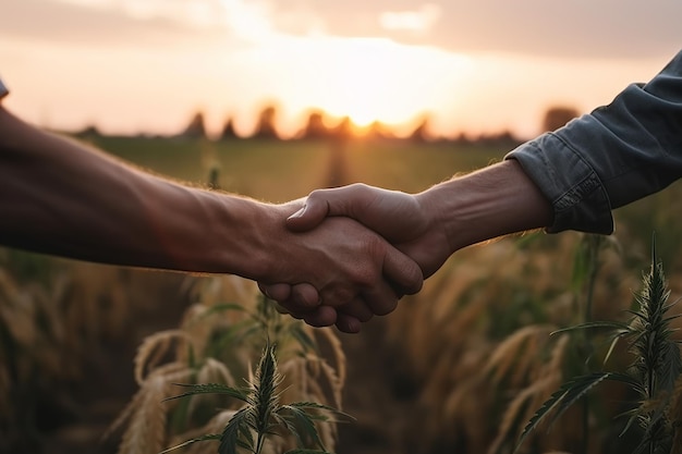 Two men shaking hands in a field one of them is wearing a shirt and the other is wearing a shirt