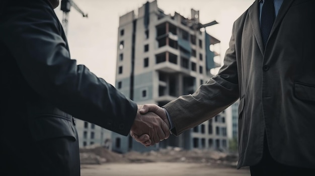 Two men shaking hands in front of a building with the words'the hand of a man '