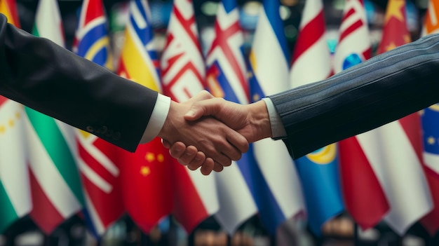 Photo two men shaking hands in front of a bunch of flags