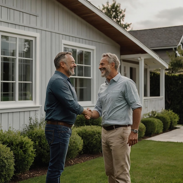 two men shaking hands in front of a house that has a window that says the word on it