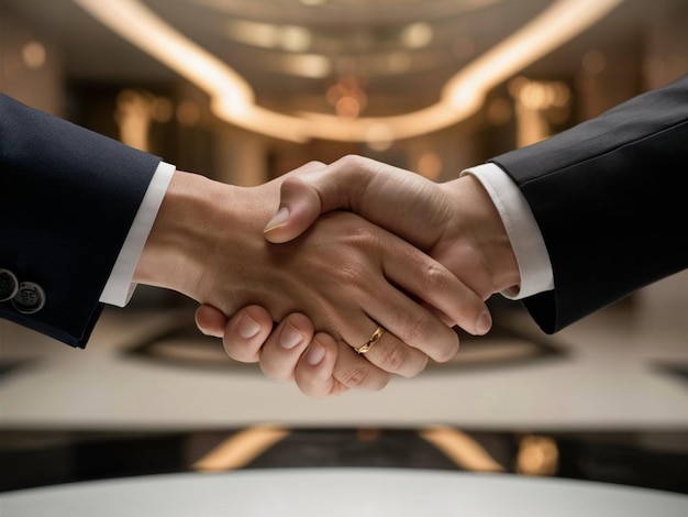 two men shaking hands in front of a podium with a background of a blurry background