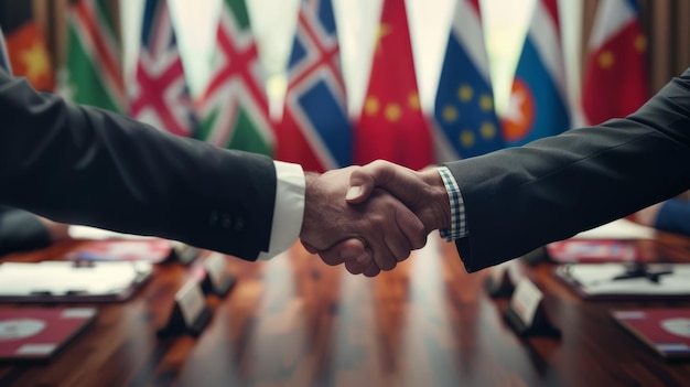 Photo two men shaking hands in front of a table with flags behind them