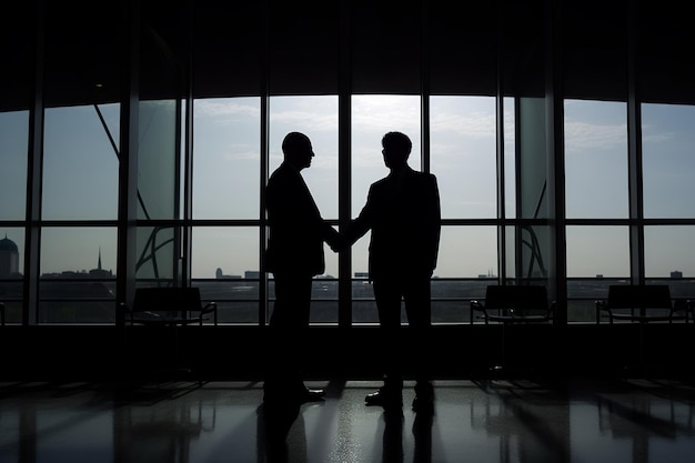 Two men shaking hands in front of a window with a city in the background.