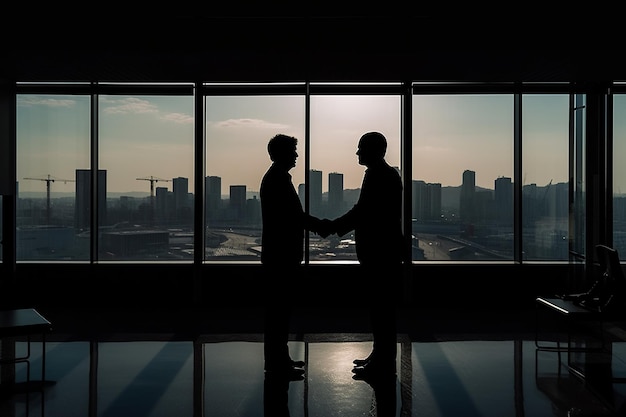 Two men shaking hands in front of a window with a cityscape in the background.