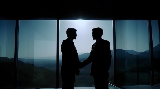 Two men shaking hands in front of a window with the sun shining on them.